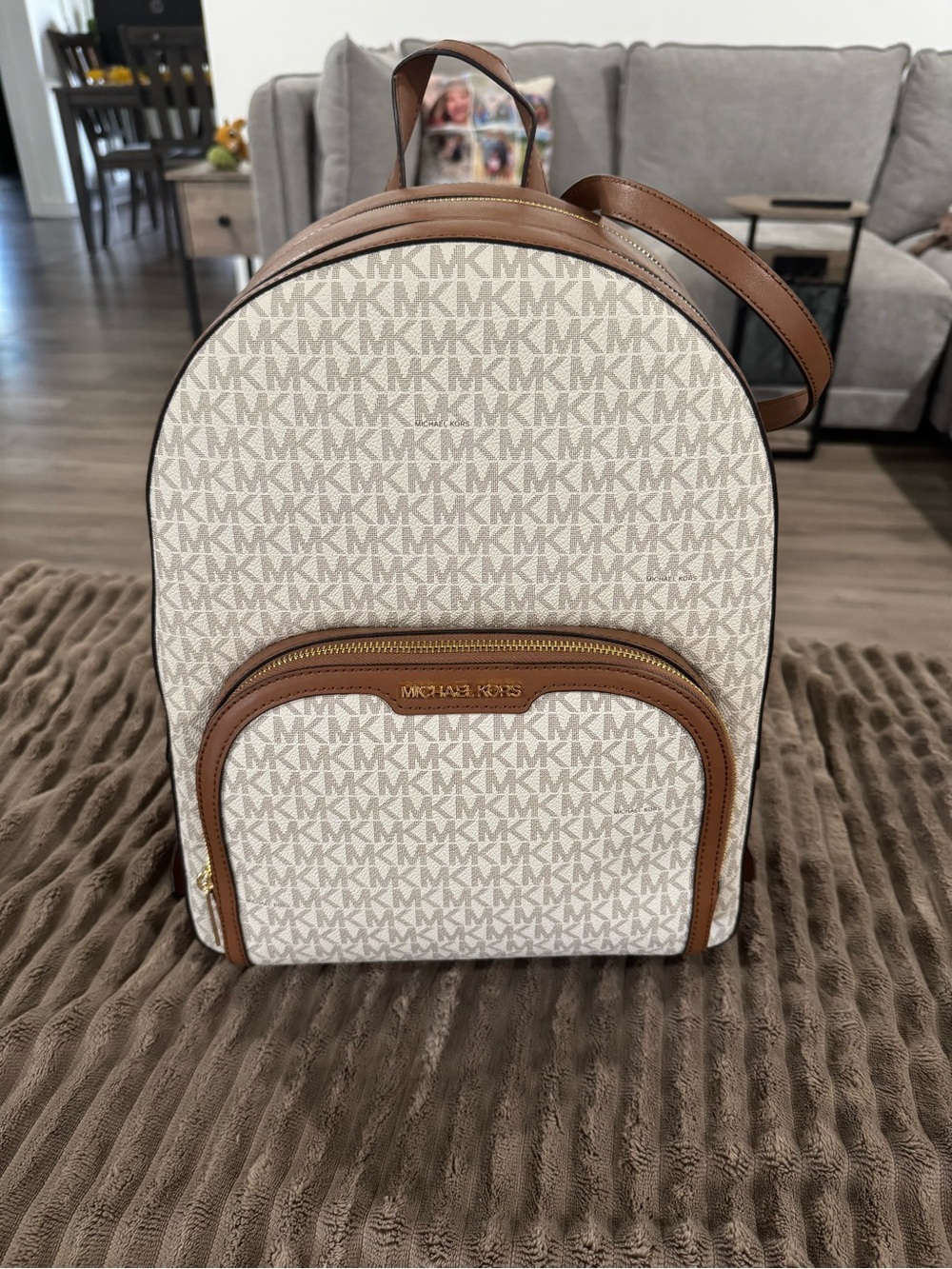 Michael Kors Beige Signature Canvas Backpack with Brown Trim